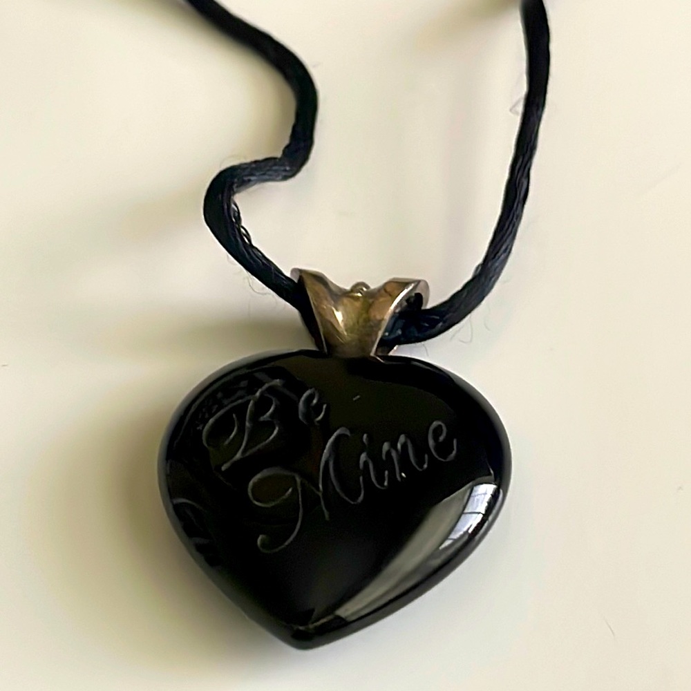 Vintage black heart Be Mine necklace on black rope chain